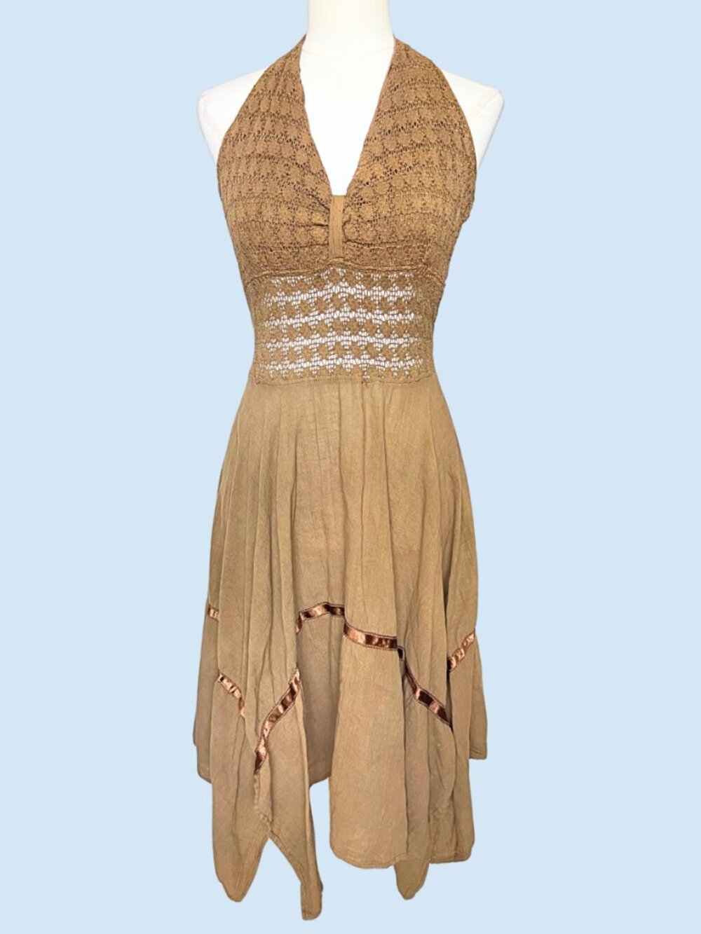 Brown Halter Crochet Midi Dress